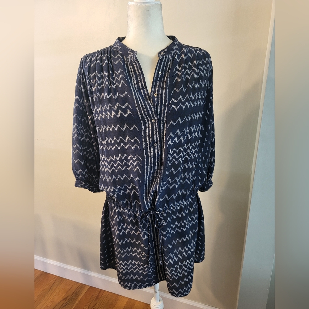 Ulla Johnson 2 Silk Drawstring Waist Mini Dress Zig Zag Blue Oversized